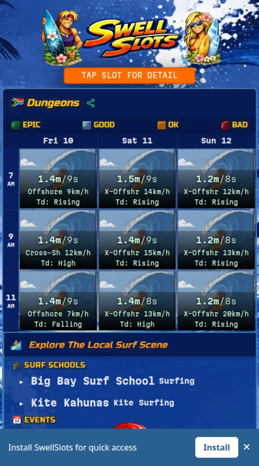The SwellSlots forecast grid for Dungeons — each cell is a time slot showing swell height, period, wind, and tide at a glance.